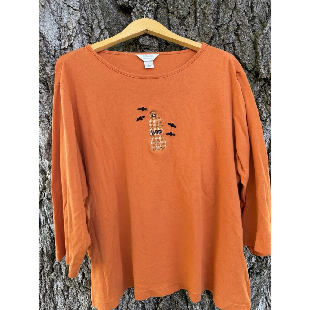 CJ Banks Halloween Top Orange Long Sleeve Pumpkin Bats Sequin Plus Size 2X